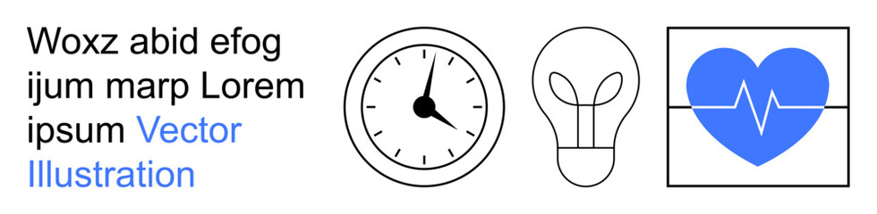 Time management, creativity, healthcare, productivity, wellness, ideas. Minimalist clock, lightbulb and heart with ECG line on a white background. Time management and creativity © robu_s