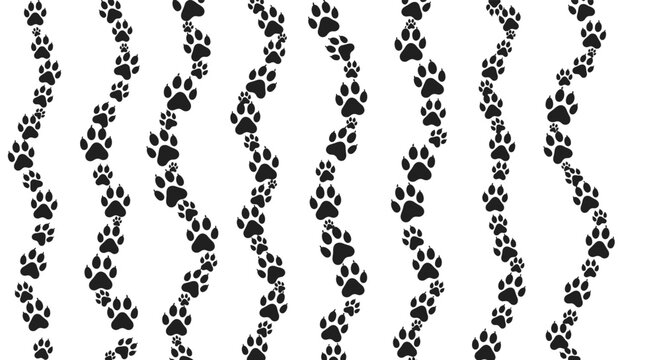 Wavy vertical lines of black animal paw prints representing cat or dog tracks on a plain white background for pet themes.