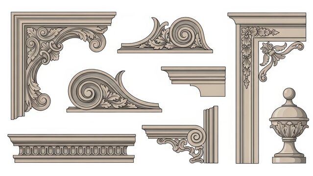 Set of classic architectural decorative elements corbel molding cornice column capital ornament baroque style