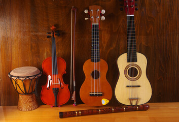 Musical instruments on a textured background.