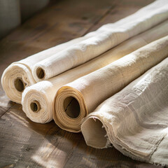 Rolls of natural eco friendly fabrics placed on a wooden tabletop in a studio setting