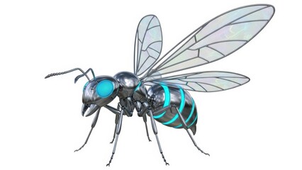 Stylized metallic insect with blue glowing accents and translucent wings on white background
