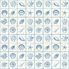 Watercolor sea shell traditional delft tiles seamless pattern