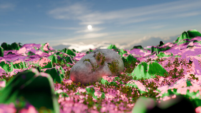 Surreal 3D landscape featuring a giant stone head lying on colorful pink and green terrain under a bright sky