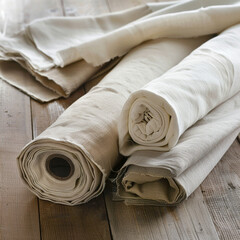 Rolls of natural eco friendly fabrics placed on a wooden tabletop in a studio setting