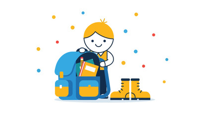 Happy Young Student Preparing Backpack For School Animated Cartoon Illustration