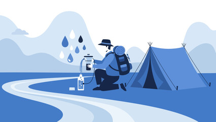 Hiker Filters Water Near His Tent In Nature Landscape Vector Illustration