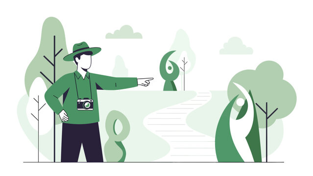 Illustrative Man Explaining Nature Outdoors with Camera and Green Scenery
