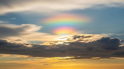 Fototapeta premium Rare iridescent rainbow cloud phenomenon during sunset with colorful light diffraction in the sky