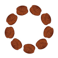 Cinnamon roll wreath in flat style. Perfect for bakery branding card, delivery packaging, breakfast menu and sweet pastry shop.