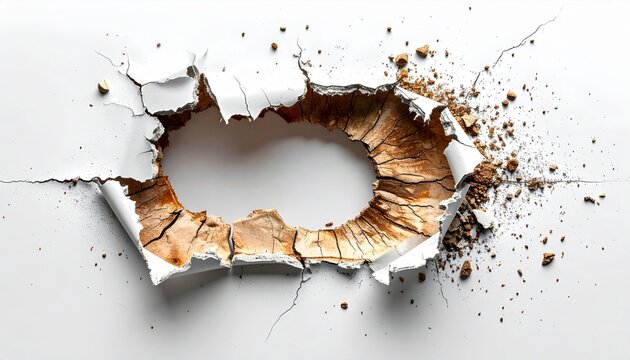 Paper Hole with a Ripped Edge and Crumbling Material on White