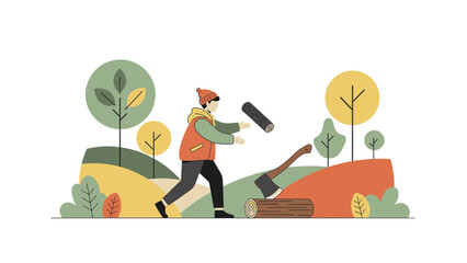 Naklejka premium Lumberjack Illustration Preparing Firewood In The Autumn Season Outdoor