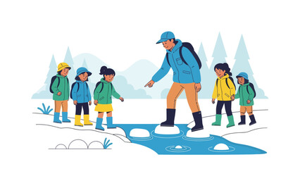 Fototapeta premium Leader Helps Children Cross Stream During Mountain Hike Expedition