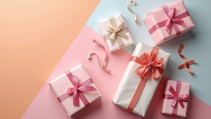 Obraz premium gift boxes on colorful background top view festive flat lay composition with wrapped presents and decorative ribbons minimal celebration scene concept of retail marketing event planning branding