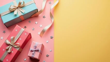 gift boxes on colorful background top view festive flat lay composition with wrapped presents and decorative ribbons minimal celebration scene concept of retail marketing event planning branding