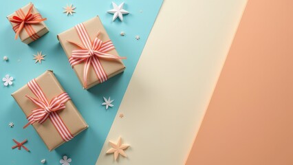 Obraz premium gift boxes on colorful background top view festive flat lay composition with wrapped presents and decorative ribbons minimal celebration scene concept of retail marketing event planning branding