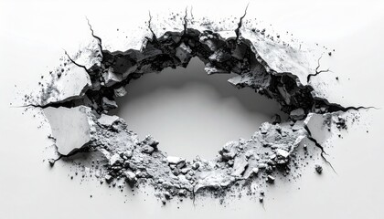 Obraz premium Hole Shattered White Wall Texture with Cracks and Debris in Grey Scale