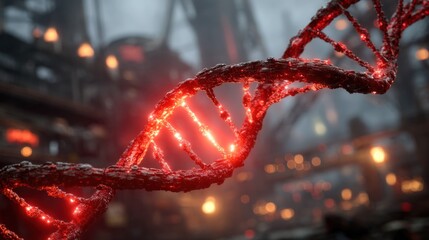 A glowing, fiery DNA strand coils through a hazy, industrial setting, illuminated by warm orange lights.