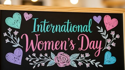 Chalkboard sign with colorful hearts and floral decorations celebrating international women's day