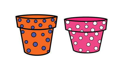 Two colorful polka dot flower pots side by side on a white background