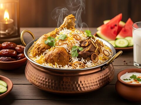 Savoring a steaming hot chicken biryani dish garnished with fresh herbs and served with watermelon slices on a wooden table from a straight viewpoint