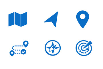 Maps and navigation icon set with GPS, routes and location tools. Monocromatic flat vector icons for navigation apps, UI dashboards, websites and mobility platforms.
