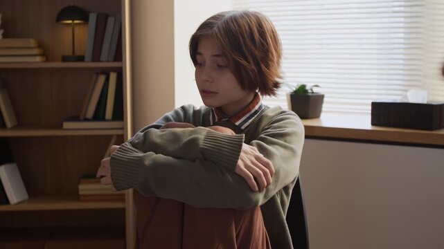 Medium shot of anxious teenage girl sitting with arms wrapped around legs participating in group therapy session for adolescents in counselling room
