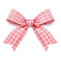 Pink gingham ribbon bow with long tails realistic fabric knot isolated on white gift wrapping decoration