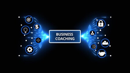 Business Coaching: Leadership, Strategy, Growth & Development Solutions. Optimization of business and production processes. Virtual network connecting service with graphical icons in various.HD