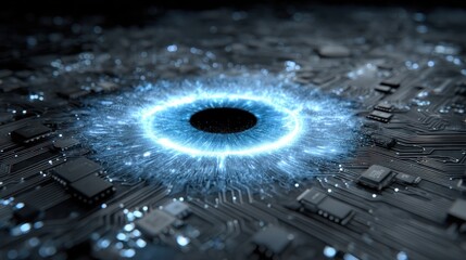 A glowing blue eye rests on a complex circuit board, highlighting the intersection of technology and the human form.