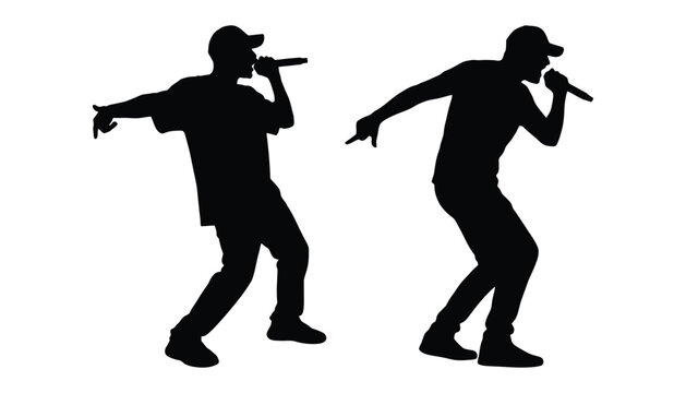 Two silhouetted rappers performing energetic dance moves with microphones