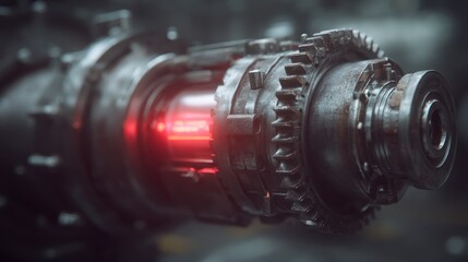 Close-up of intricate machinery, highlighted by a vibrant red glow within its metallic components.