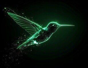 Obraz premium Abstract Luminous Green Hummingbird on Black Background for Digital Art