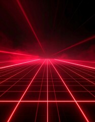 Abstract Red Laser Grid Pattern Glowing Against Dark Background Perspective View