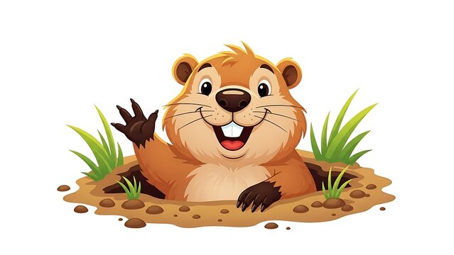 Groundhog day cartoon character phil emerges from burrow on february 2nd
