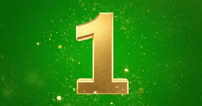 A realistic animation of a gold number one symbol with particles on a green background with motion and graphic and element and design and template and video and 1080p