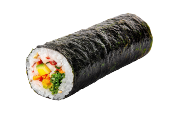 Freshly rolled sushi roll with visible ingredients isolated on transparent background. Freshly made sushi roll filled with colorful ingredients isolated on white background.