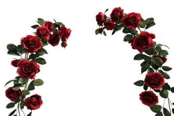 Arches of red roses isolated on transparent background. Dark red roses arch frame arrangement for romantic floral wedding event decoration isolated on white background.