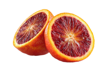 Halves of a ripe blood orange isolated on transparent background. Ripe blood orange cut in half revealing deep crimson pulp isolated on white background.