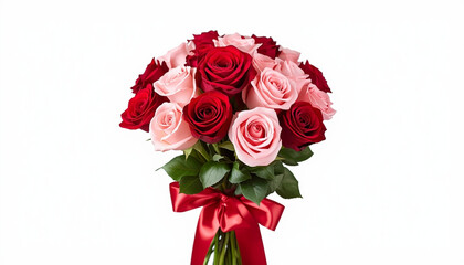Fototapeta premium A beautiful bouquet of red and pink roses arranged in a round shape and tied with a red ribbon against a white background