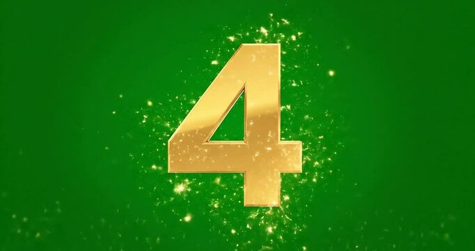 Glowing gold number four on green background with sparkling particles realistic animation with luxury and celebration and motion and graphic and element and design