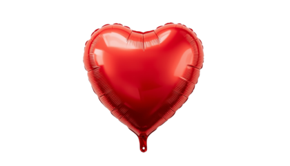 A shiny red heart-shaped foil balloon floating against a black background on transparent background