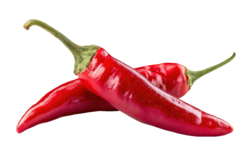 Red chili peppers isolated on transparent background. Two ripe red chili peppers crossed together isolated on white background.