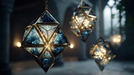 Geometric, hanging lanterns with intricate blue-toned glass panels cast warm light in a stylish interior setting.