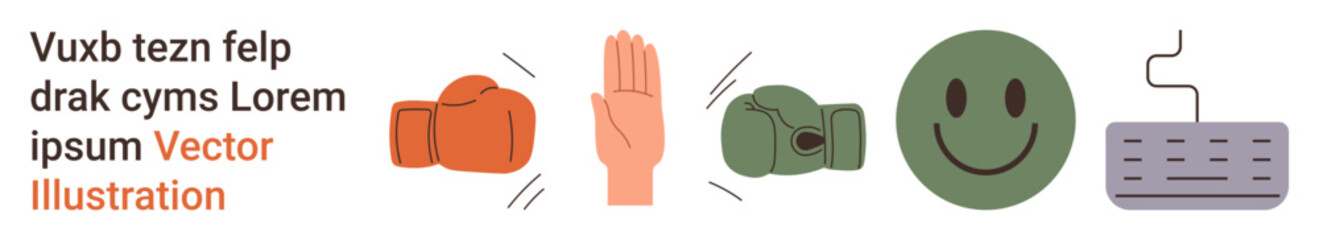 Fototapeta premium Sports, communication, emotions, technology, conflict, symbols. Boxing gloves, raised hand happy face and keyboard arranged on a white background. Sports and communication concept