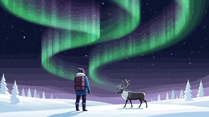 Majestic Northern Lights View With Human Silhouette And Wild Reindeer