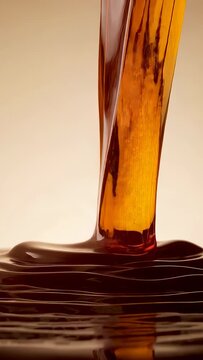 Vertical video: Pouring amber syrup from off-frame into studio pool, creating ripples and bubbles