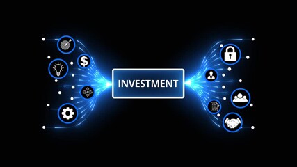 Investment concept with central text and connected business and growth icons. Business, Technology, Internet and network concept. Business icons on digital black background. HD video - Powered by Adobe