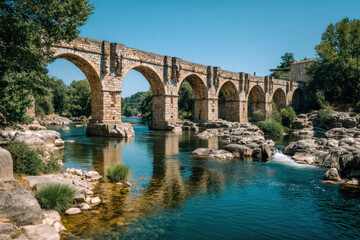 Fototapeta premium Historic stone bridge with elegant repeating arches spanning calm river in visually appealing daylight