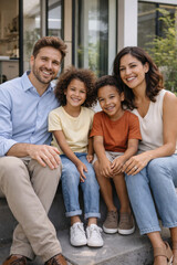 Fototapeta premium Joyful family portrait sitting on steps at home together